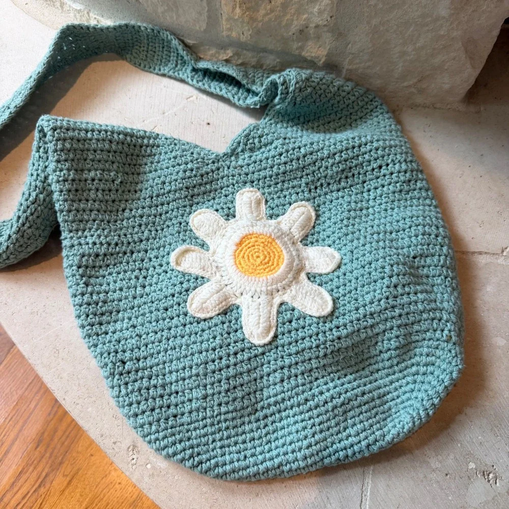 Handmade Crochet Daisy Hobo Bag Sage‎ Green Boho Flower Shoulder Tote Slouchy